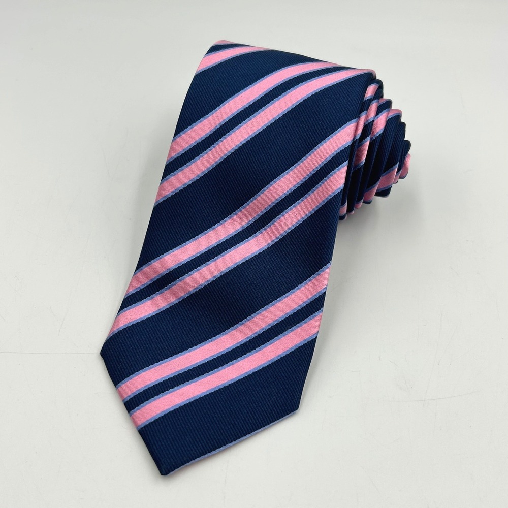 Brook Taverner Mens Silk Blend Repp Stripe Tie Navy Blue Pink Formal Business